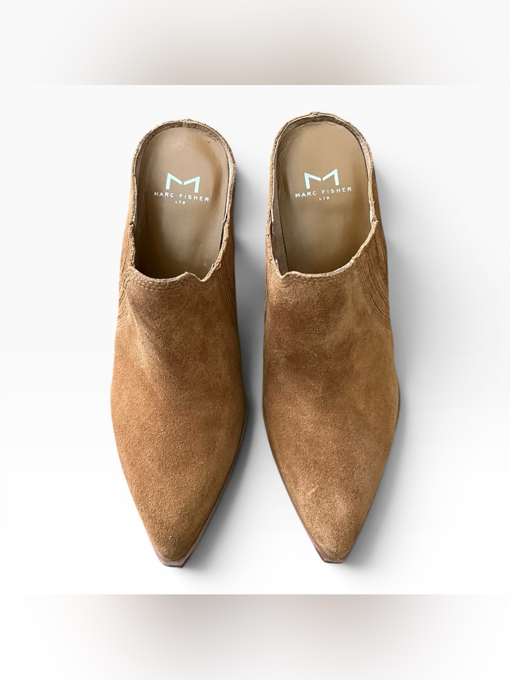 Marc Fisher Gabbi Suede Mule Shoes Womens Size 7M Camel Brown Block Heel Western